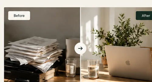 Before and after view showing paperwork replaced by a simpler connected digital workflow