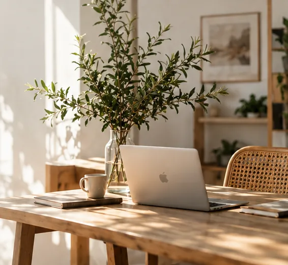 Warm, organised workspace with a laptop and greenery